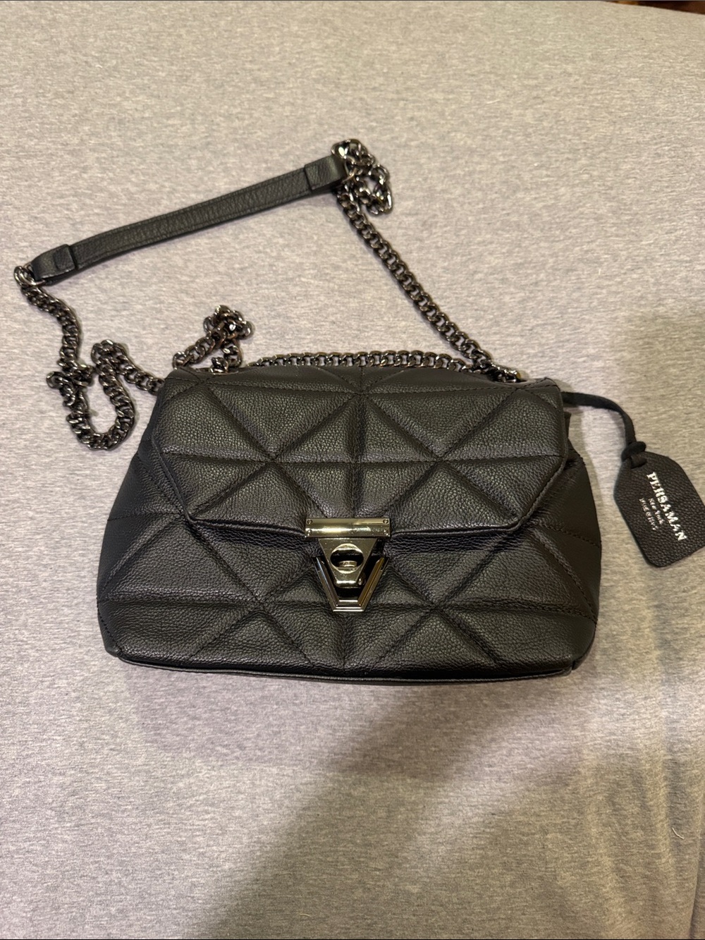 Persaman New York Black Quilted Leather Crossbody with Chain Strap